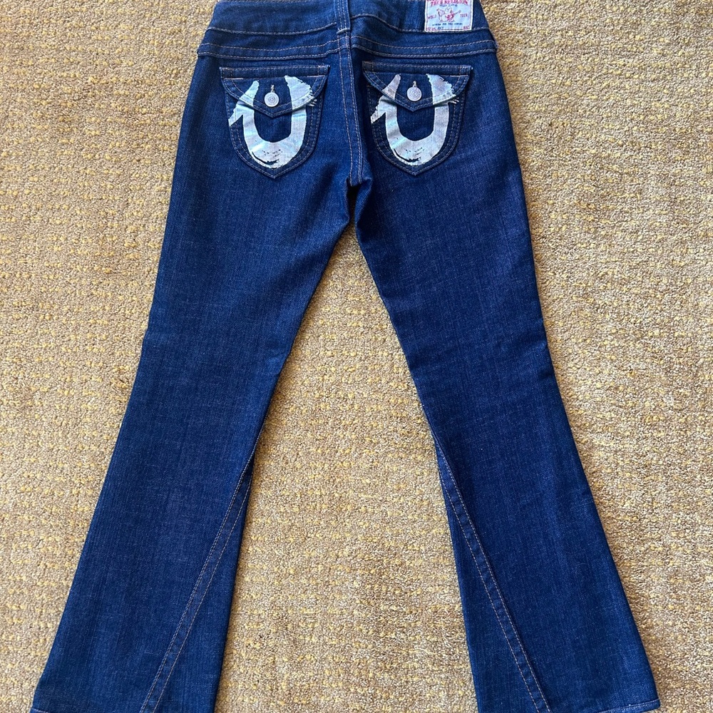 Y2K Low Rise True Religion Blue Flare Jeans with Iconic Stitching